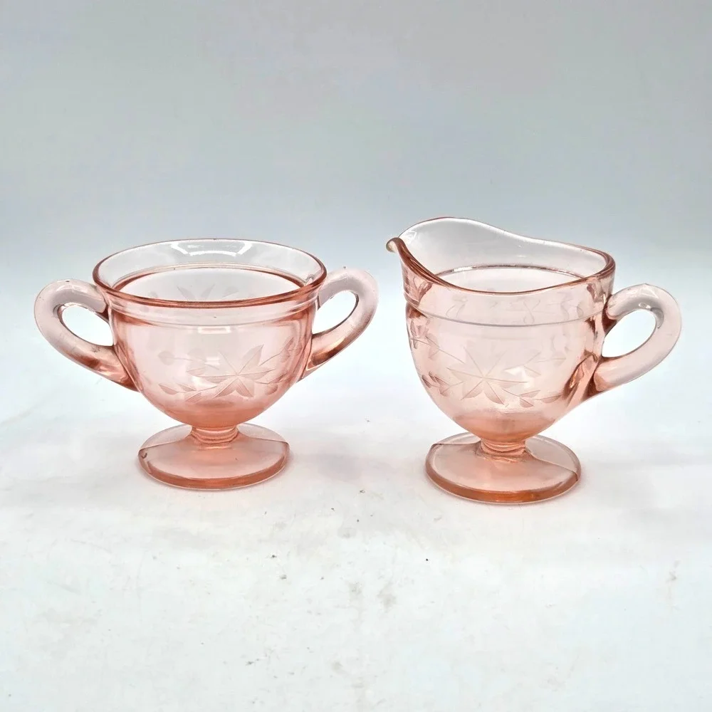 Vintage Pink  Depression Glass Floral Etched  Sugar‎ Bowl and Creamer Set  2pcs